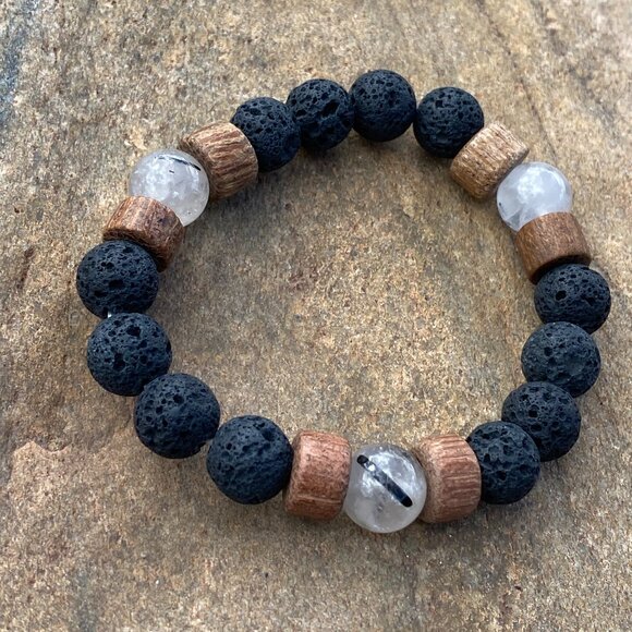 Wanderer and Gatherer Bracelet - Tourmalined Quartz, Bamboo, and Lava SM/SM-MED - Picture 1 of 5